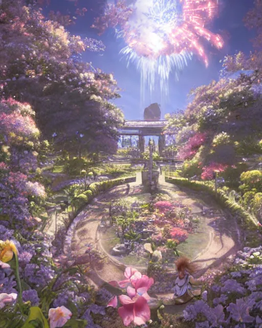 Image similar to portal to paradise, 8 k high definition, advanced technology, beams of energy, pathway, flowers, machines, perfect relationship, love, masterpiece, art by akihiko yoshida, antilous chao, woo kim