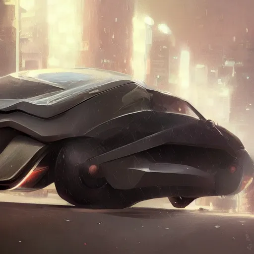 Prompt: full view of a car, elegant, digital painting, concept art, smooth, sharp focus, art style from Wang Ke and Greg Rutkowski and Bruce Kaiser and Scott Robertson and Dmitry Mazurkevich and Doruk Erdem and Jon Sibal, small style cue from Blade Runner and Minority Report and iRobots