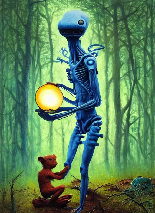 Image similar to cuddly friendly alien in the woods by a river gorgeous lighting, lush forest foliage blue sky a hyper realistic painting by chiara bautista and beksinski and norman rockwell and greg rutkowski, weta studio, and lucasfilm