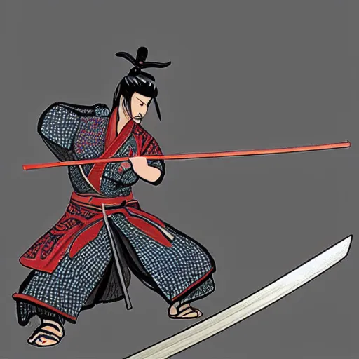 Image similar to samurai action pose with katana in the style of deschambault, martin