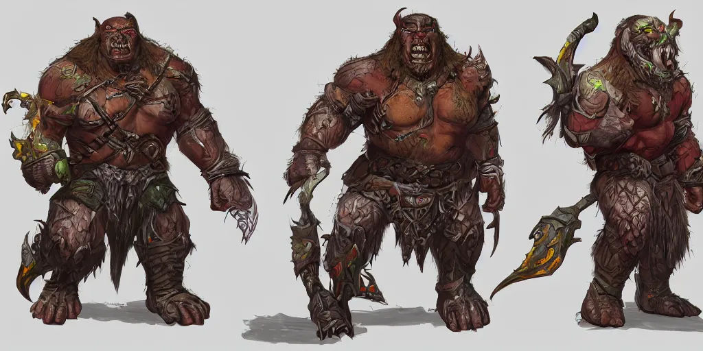 Image similar to different views of orcs, colourful intricate!! concept art by senior character artist, trending on artstation, full body character design