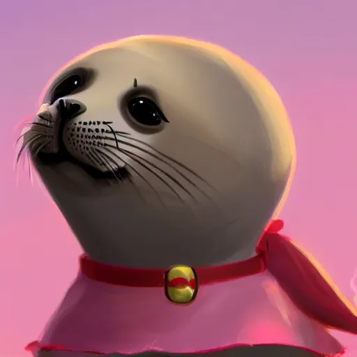 Image similar to a concept art of a sappy seal, happy, dressed in a pink dress, golden hour, beautiful, artstation trending, matte painting, 8 k