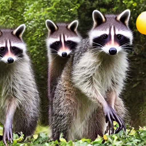 Image similar to three racoons having a cool birthday party, photo, highly detailed