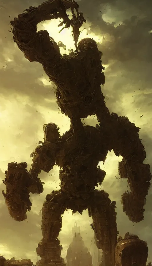 Prompt: towering massive biomechanical golem, deviantart, by greg rutkowski, green