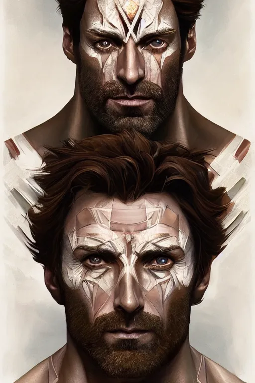 Image similar to symmetry!! portrait of hugh jackman in the boys in the style of god of war, machine parts embedded into face, intricate, elegant, highly detailed, digital painting, artstation, concept art, smooth, sharp focus, illustration, art by artgerm and greg rutkowski and alphonse mucha, 8 k