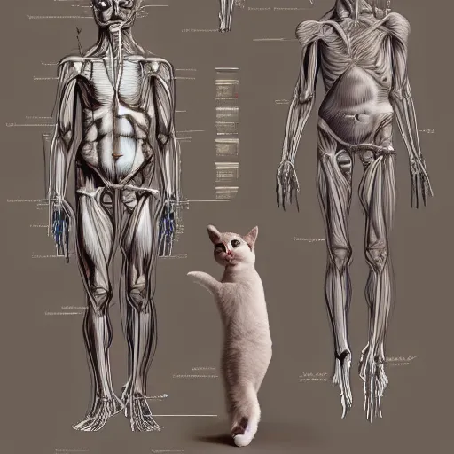 Image similar to anatomy of a cat with sketch drawings and arrows explaining each body part, da vinci notes, ultradetailed, anatomy study, artstation