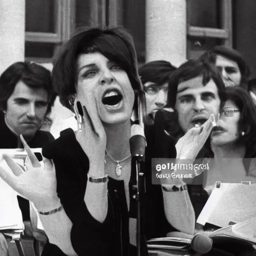 Prompt: French pop star Daphne LaCroix argues in favor of worker's rights with German New-Trad Intellectuals in Berlin, March, 1978