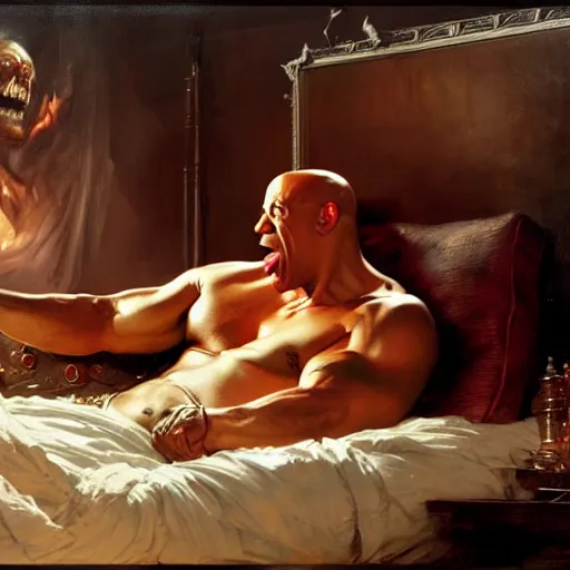 Prompt: vin diesel is in his bed, nervous and terrified, because little richard from hell is attacking him. highly detailed painting by gaston bussiere, j. c. leyendecker, greg rutkowski, craig mullins 8 k