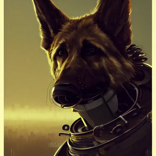 Image similar to studio portrait of furry anthro anthropomorphic german shepard head animal person fursona exposed machinery extremely detailed robot human android body cybernetic cyberpunk digital art by Greg Rutkowski, Simon Stalenhag, trending on Artstation, CGSociety