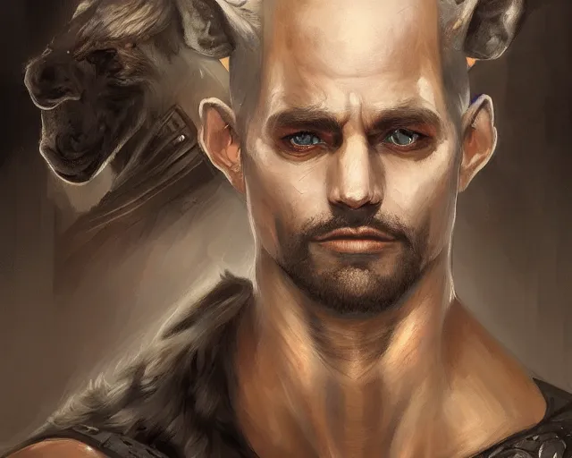 Image similar to A detailed matte oil on canvas head on symmetrical portrait of a man with the head of a hyena wearing heavy armor by Charlie bowater, Lise Deharme, Wlop, trending on artstationhd, dungeons and dragons art, critical role