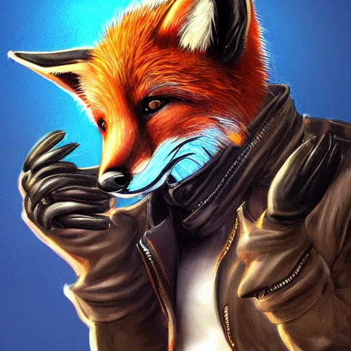 Image similar to A fox with a small head wearing a leather jacket and leather jeans and leather gloves, trending on FurAffinity, energetic, dynamic, digital art, highly detailed, FurAffinity, digital fantasy art, FurAffinity, favorite, character art