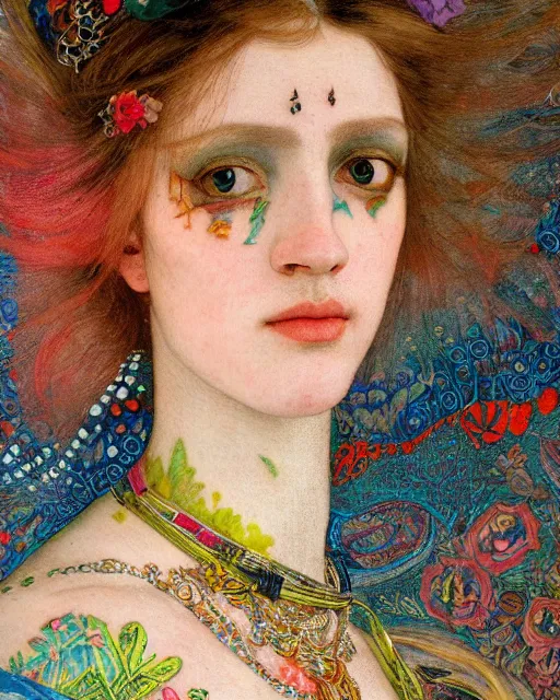 Prompt: a close up of a beautiful girl in a colourful dress with colourful intricate tattoos surrounded by colourful patterns, by edgar maxence and caravaggio and michael whelan and delacroix style, artistic, intricate drawing, light brazen, realistic fantasy, extremely detailed and beautiful aesthetic face, 8 k resolution, dramatic lighting