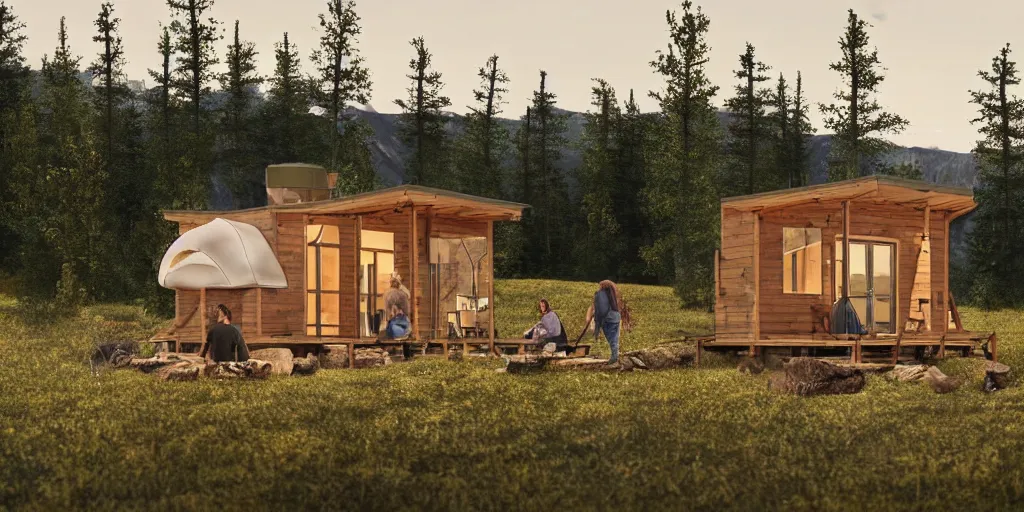 Prompt: cabela's outdoors micro - compact modular home, quick assembly, utilitarian, glamping, airbnb, temporary emergency shelter, person in foreground, cliffside mountainous forested wilderness open fields, beautiful views, photorealistic painterly advertising concept art, sharp focus, joanna gaines, farmhouse, magnolia, architectural concept art painting