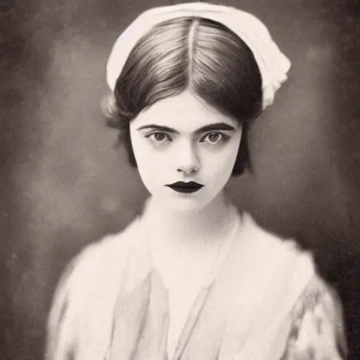 Prompt: headshot edwardian photograph of elle fanning, scarlett johansson, lily collins, barbara palvin, 1 9 2 0 s film actress, realistic face, 1 9 1 0 s, grainy, victorian, detailed, soft blur