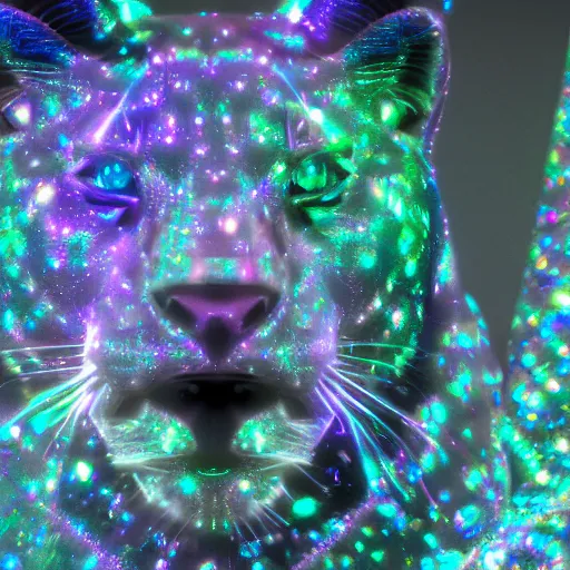 Image similar to multifaceted swarovski panther render, rainbow refraction, polished, highly reflective, porcelain, opal, quartz, diamond volumetric lighting, octane render, 8 k, photorealistic, ultra realistic