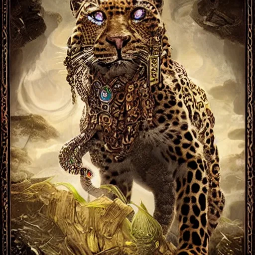 Prompt: the trickster is the god of chance and change. he is the god of adventure and excitement. the trickster is a male god, and he is usually depicted as a man wearing a leopard skin. highly detailed and intricate 8 k concept fantasy art illustration