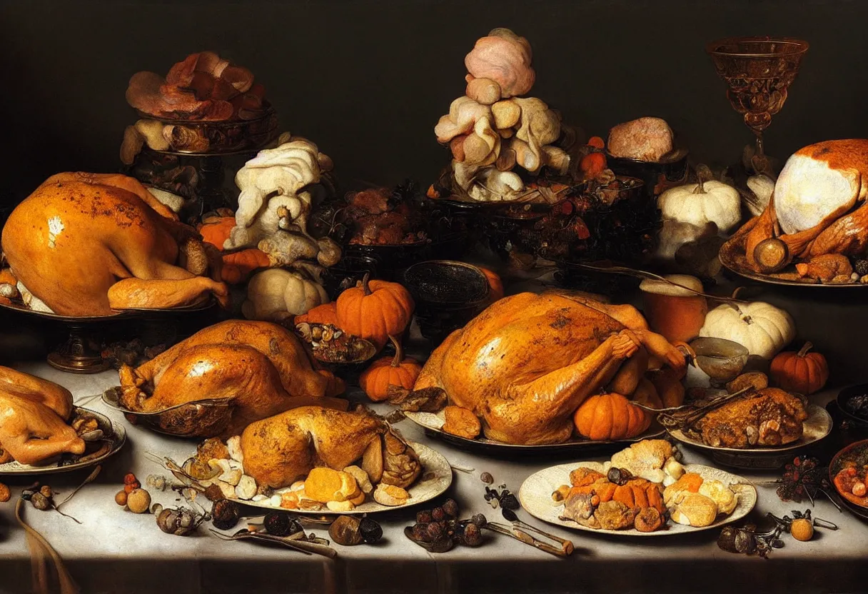 Prompt: a thanksgiving feast made out of crystals and rocks, hyperrealism, 8 k, dutch masters, art by rembrandt