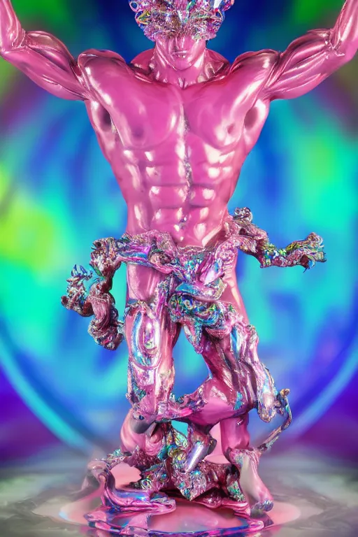 Image similar to hyper detailed ultra sharp fullbody photo of baroque and cyberpunk transparent pink ceramic sculpture of a muscular seductive muscular italian guido feeling muy cachondo, muy dotado, iridescent humanoid deity wearing pink plastic seethrough cloak, holding a rainbow tiger gem, blue diamond, glowing pink face, crown of white diamonds, cinematic lighting, photorealistic, octane render 8 k