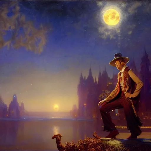 Prompt: attractive male wizard magically floating in the night, fantasy, full moon in background. highly detailed painting by gaston bussiere, craig mullins, j. c. leyendecker, mid shot, 8 k