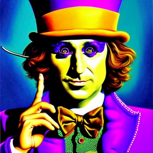 Image similar to an extremely psychedelic portrait of willy wonka, surreal, lsd, face, detailed, intricate, elegant, lithe, highly detailed, digital painting, artstation, concept art, smooth, sharp focus, illustration, art by jason edmiston