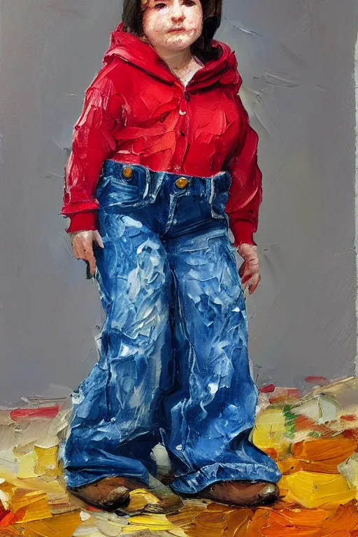 Image similar to palette knife oil painting portrait of nellie, a small figured young woman in her 2 0 s, dressed like a country bumpkin : jeans, boots, a pointy bright red hoodie. extreme detail, artstation trending, artgerm, any racial background, deviant art, octane, substance, art history 8 k