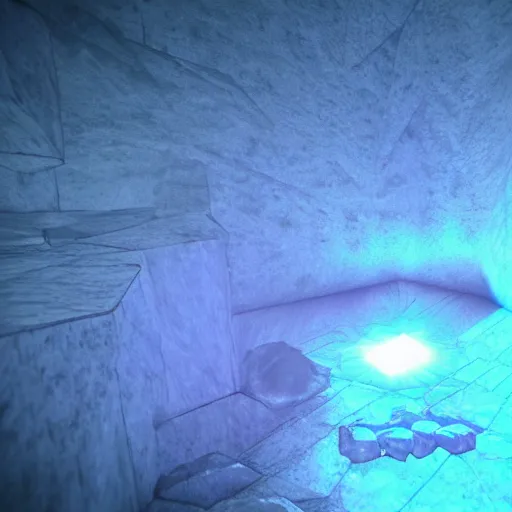 Image similar to subtle glowing crystal, 3d render, resting on the ground of a cerulean cave, walls of ice and bone, realistic, anime inspired, high octant render, smooth lighting,