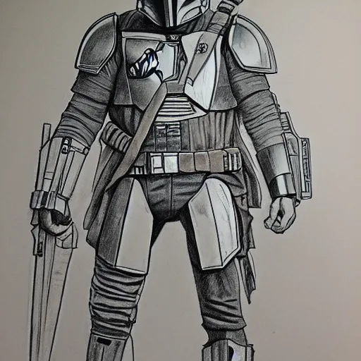 Prompt: the mandalorian in a smock and a frilly dress. pencil drawing.