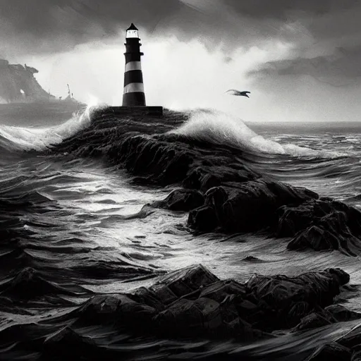 Prompt: lighthouse, ocean, two loons, crashing waves, light, black and white, tattoo art, dramatic lighting, illustration by Greg rutkowski, yoji shinkawa, 4k, digital art, concept art, trending on artstation