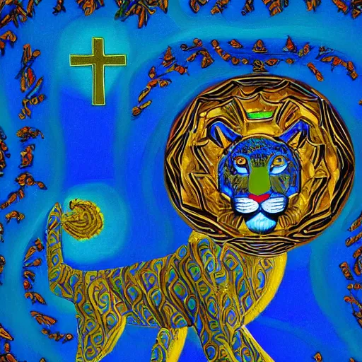 Image similar to church painting of the god of nature, the blue panther, with golden nimbus, digital art