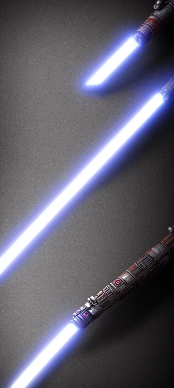 Image similar to ultra - detailed cinematic render, of a lightsaber hilt, that lies vertically on a round carved stone, lit up in a dark room, photo from above, octane render, by mizuriau on deviantart, high quality, digital art, 8 k, jedi fallen order, volumetric lighting