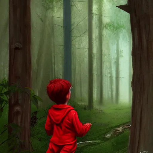 Image similar to boy in red is knocking the front door of a cabine in a forest, detailed, strong lighting, very conherent, by campion, pascale, trending on artstation