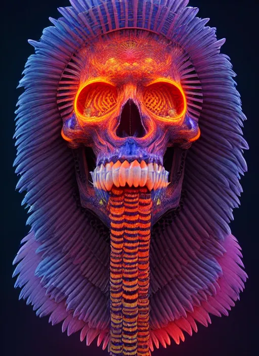 Prompt: 3 d shaman profile portrait, sigma 5 0 0 mm f / 5. beautiful intricate highly detailed quetzalcoatl skull and feathers. bioluminescent, plasma, lava, ice, water, wind, creature, thunderstorm! artwork by tooth wu and wlop and beeple and greg rutkowski, 8 k trending on artstation,