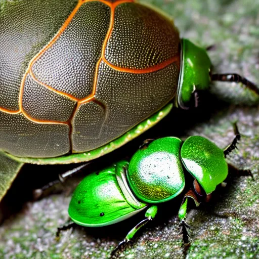 Image similar to green beetle and snail, photorealistic, close - up