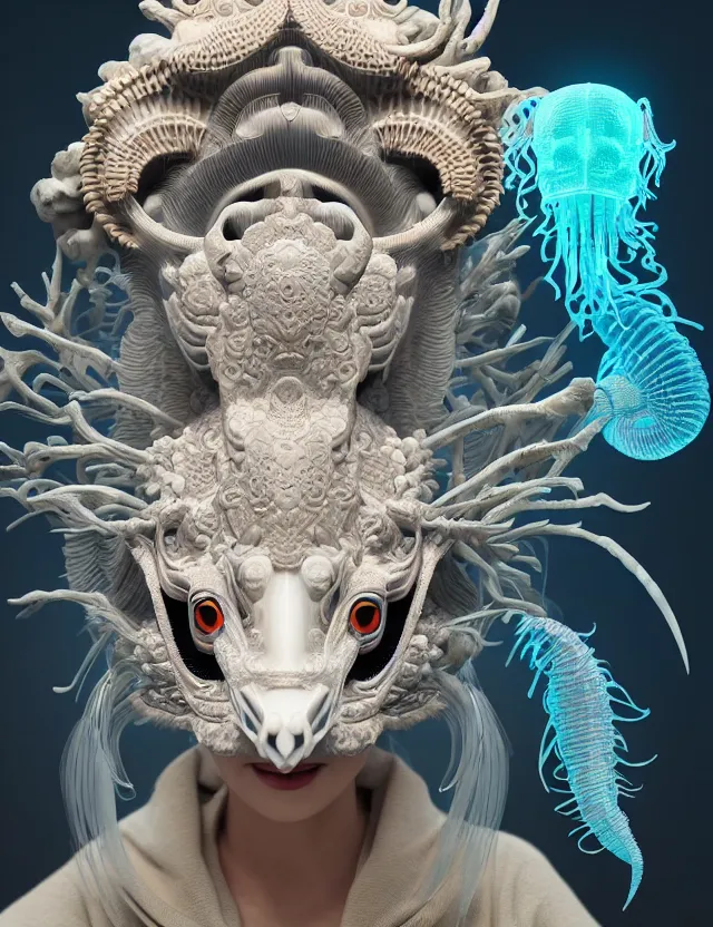 Image similar to 3 d goddess close - up frontal portrait with ram skull. beautiful intricately detailed japanese crow kitsune mask and clasical japanese kimono. betta fish, jellyfish phoenix, bio luminescent, plasma, ice, water, wind, creature, artwork by tooth wu and wlop and beeple and greg rutkowski