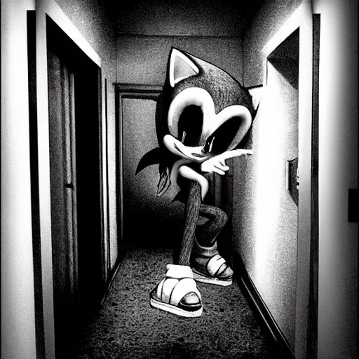 Image similar to sonic the hedgehog, creepy, horror, off - putting, dark, hallway, photo, paranormal