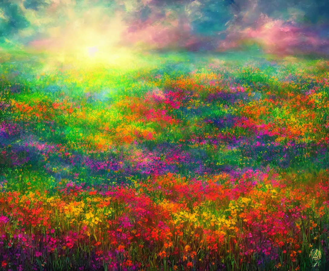 Image similar to a heavenly field of colorful flowers, highly detailed, digital painting, high fantasy, sunstreaks, high contrast, bokeh, soft tones