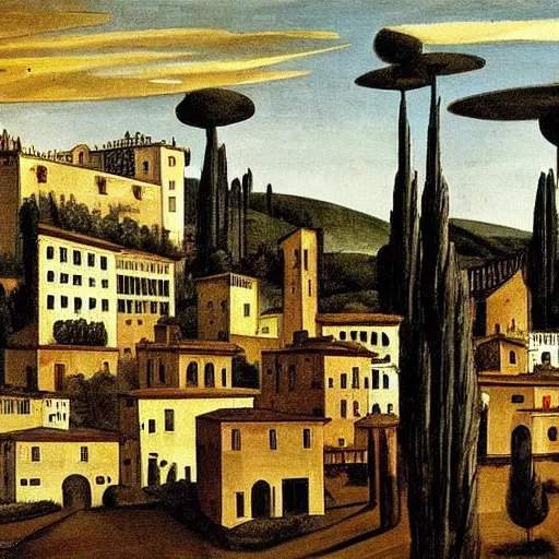 Prompt: solarpunk dreaming new York stock exchange in a toscana landscape with modern houses, painted by Giorgio de Chirico, highly detailed