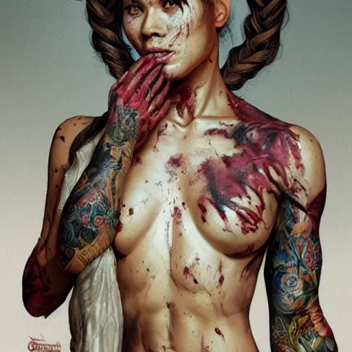 Image similar to portrait painting of a muscular bloodied dark nepali female butcher thighs, tattooed, scars, ultra realistic, concept art, intricate details, eerie, highly detailed, photorealistic, octane render, 8 k, unreal engine. art by artgerm and greg rutkowski and alphonse mucha