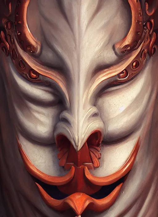 Prompt: a beautiful detailed oil on copper art illustration of a japanese tengu mask with big nose devil woman, centered, by charlie bowater, zeng fanzh, trending on artstation, dim dusk lighting, cinematic lighting, detailed lighting, volumetric lighting, realistic, f 8, 4 k hd wallpaper