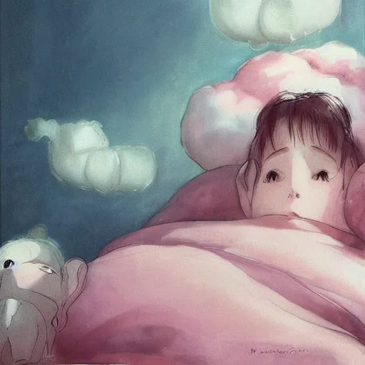 Image similar to “falling asleep with cute elephants made from clouds, illustration, detailed, smooth, pink white and green, by Adolf lachman, studio ghibli, Goya,”