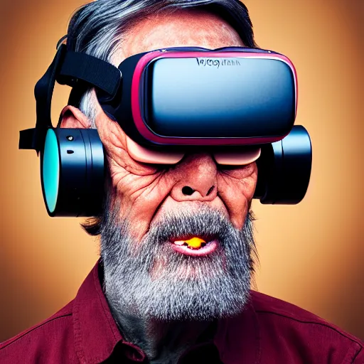 Image similar to Colour Photography of 1000 years old man with highly detailed 1000 years old face wearing higly detailed VR Headset. Man eating hot-dog in style of Josan Gonzalez