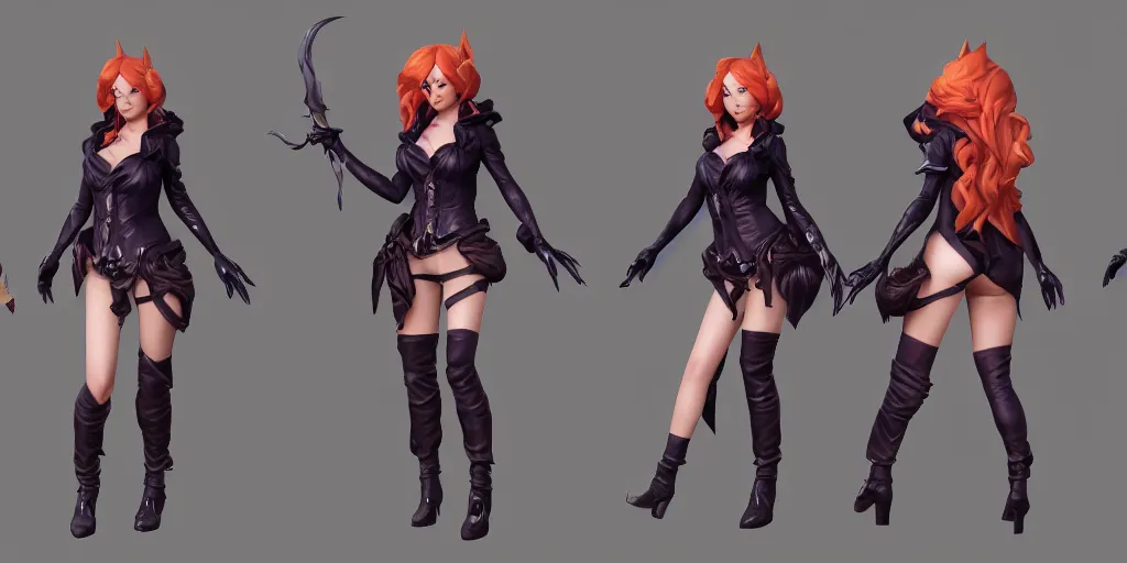Prompt: Character sheet of coven miss fortune (League of Legends). 3d render, octane render, game art, realistic, highly detailed, trending on artstation, 4k, trending on artstation, pixar, cgsociety, unreal engine 5, redshift render, trending on artstation, blender, behance, cg
