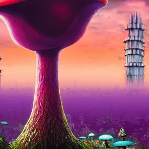 Prompt: a giant, nightmarish mushroom looking over an exotic city on the horizon, a mushroom forest, a red and purple mist filled with eyes