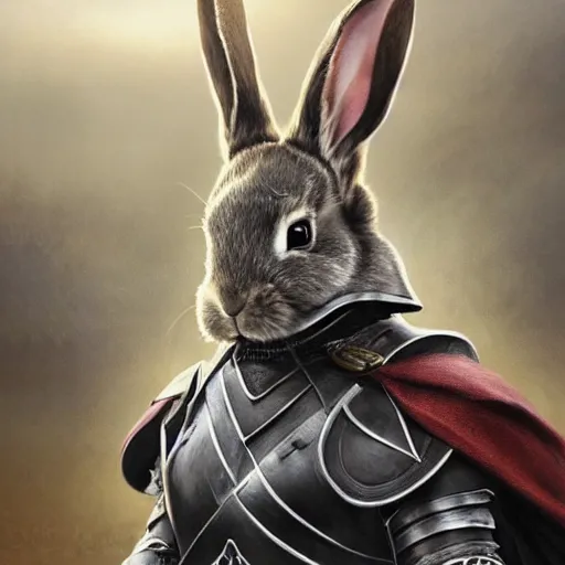 Image similar to a bunny wearing armour in the lord of the rings, elegant, highly detailed, digital painting, artstation, concept art, matte, sharp focus, highly detailed, 4 k, hdr, smooth, sharp focus, high resolution, award - winning photo, photorealistic, art by artgerm and greg rutkowski and alphonse mucha, large shot