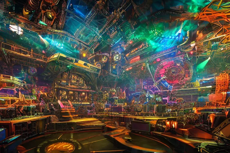 Prompt: a concert stage, tripmachine, center of the stage is a big futuristic steampunk generator surrounded by steampunk machinery with speaker towers, rock musicians on the stage, laser show, 8 k, fluorescent colors, halluzinogenic, multicolored, exaggerated detailed, unreal engine