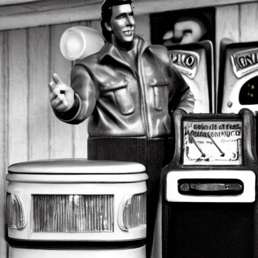 Image similar to diorama of fonzie next to a jukebox in a 1 9 5 0 s diner