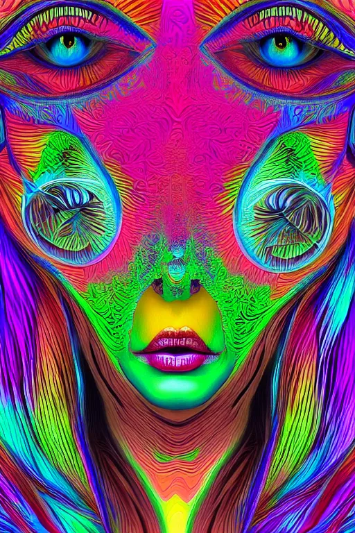 Prompt: symmetrical portrait of a psychedelic colorful woman-chameleon, detailed fractal skin, Johanna, Martine, beautiful eyes, modern art, 4k