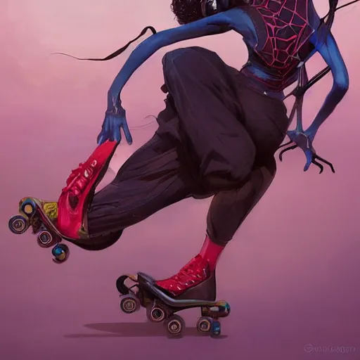 Image similar to a spider is rollerskating, rollerskates, highly detailed, digital painting, artstation, concept art, smooth, sharp focus, illustration, art by artgerm and greg rutkowski and alphonse mucha