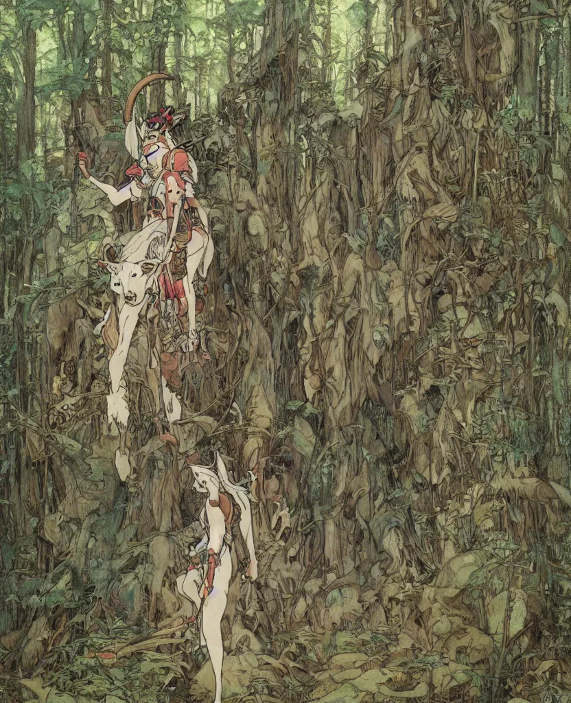 Prompt: Princess Mononoke, single figure, wolves, fully clothed in armor, lush fairy forest, neon, concept art, schematics, studio ghibli, gnarly trees, painted by norman rockwell, mucha, james gurney, high detail, denoised, sharp, architectural