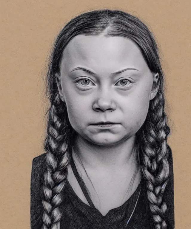 Image similar to highly detailed portrait of greta thunberg, drawn on kraft paper with red, black, and white charcoal